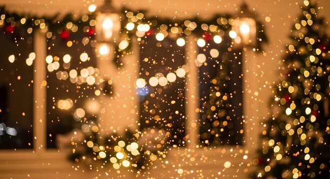 A blurry festive scene with christmas lights and decorations on a building facade at night