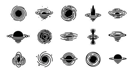 Collection of various celestial body illustrations depicted in black and white, showcasing different planets and galaxies from a distant viewpoint © Steven