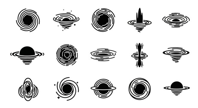 Collection of various celestial body illustrations depicted in black and white, showcasing different planets and galaxies from a distant viewpoint