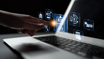 Fototapeta na wymiar Financial regulation and tax compliance concept showing tax document, VAT, transaction flow, and financial auditing in modern financial system Latch