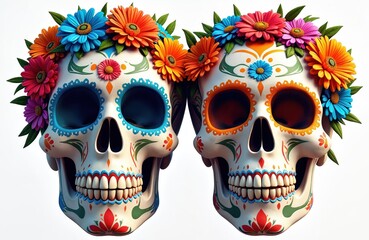 Obraz premium Two decorated sugar skulls wear colorful flower crowns, symbolizing Day of the Dead celebrations. Skulls have intricate face paint designs, representing life and death.
