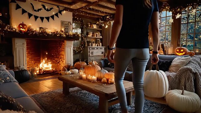 Warm, inviting living room decorated for Halloween. Perfect for showcasing comfort, autumnal vibes, and festive gatherings &ndash; ideal for lifestyle blogs