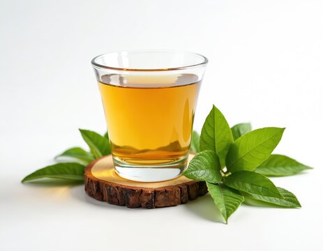 Amber colored guava leaf tea in glass with fresh green leaves on wood slice. Natural herbal beverage for health, wellness. Healthy lifestyle drink preparation. Organic drink with medicinal benefits.