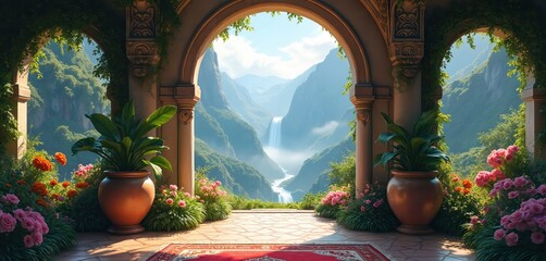 Fototapeta premium View of mountains and waterfall from a garden archway. Lush green plants and colorful flowers frame ornate pillars. A red rug lies on the tiled floor. Peaceful and serene natural landscape.