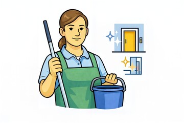 Fototapeta premium Cleaner holds a mop and bucket while showing clean doors and an elevator