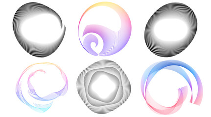 Abstract circular line shapes set with gradient and monochrome variations. Modern geometric design elements for digital art, technology visuals, minimal posters, and creative background compositions