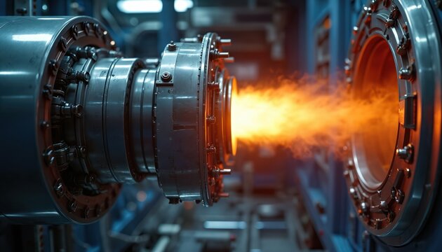 Space engine tested with fiery plasma exhaust in controlled vacuum chamber. Advanced research machinery on intense energy testing for aerospace innovation and future propulsion systems development.