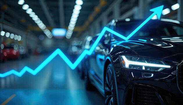 Car industry growth visualized with upward trend arrow graph over new auto models. Business and finance market expansion shown in auto manufacturing.