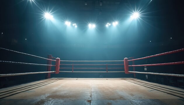 Empty boxing ring with bright overhead spotlights. Arena ropes glow in blue haze. Combat sports venue is ready for fight. Match anticipation builds.