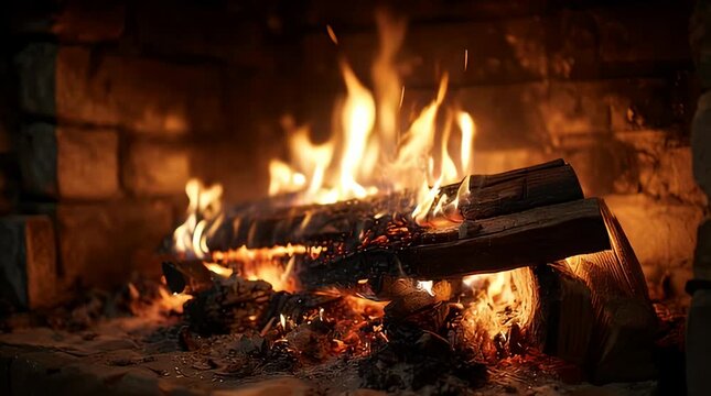 A warm fire burns with flames and logs in a brick fireplace indoors at night