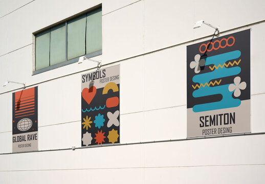 Real photo of Storefront Posters on a Wall. PSD template mockup.