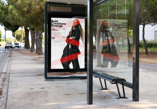 Real photo of Bus Stop Shelter Next to Road and Trees. PSD template mockup.