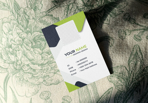 Real photo of vertical business card. PSD template mockup.