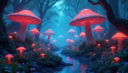 Naklejka premium Enchanted forest with giant glowing mushrooms beside a stream. Mystical fantasy woods at night with bioluminescent flora and fog. Magical nature scene with surreal vibe.