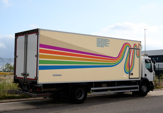 Real photo of Delivery Truck Parked Near Warehouse. PSD template mockup.