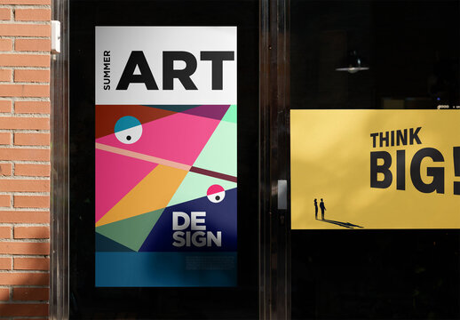 Real photo of two empty posters at the entrance door of a store. PSD template mockup.