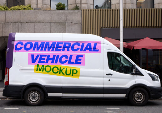 Real photo of Delivery Van Parked Near Business Area. PSD template mockup.