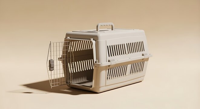 A white plastic pet carrier with a metal wire door open on a beige background for pets travel and transportation needs