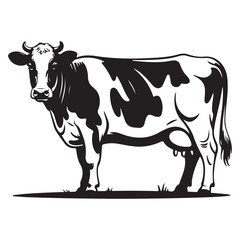 Fototapeta premium Black and white cow standing in field flat design vector illustration isolated