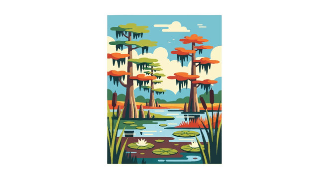 Stylized swamp scene with trees water lily pads and foliage illustration