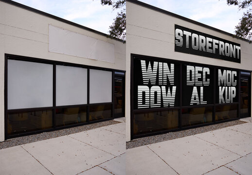 Real photo of  Storefront in Florida with three windows posters for vinyl. PSD template mockup.
