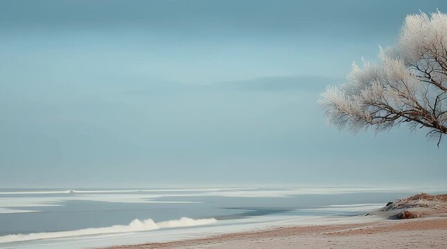 A serene winter beach scene with a leafless tree overlooking frozen waves and a sandy shoreline under a clear blue sky.