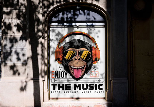 Real photo of Shadows on a vinyl storefront in Barcelona. PSD template mockup.