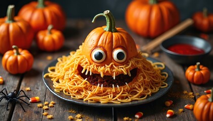 Obraz premium Spooky Halloween pasta monster made from pumpkin and spaghetti looks fun. Orange pumpkins and candy corn scattered on rustic wood table. A playful, creepy dish for holiday party celebration.