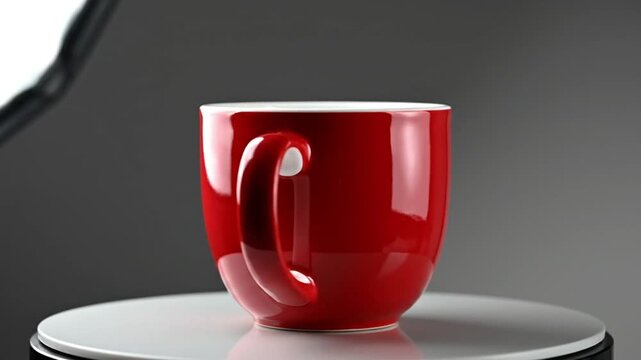 High-quality studio shot of a vibrant red ceramic coffee mug rotating on a professional turntable, perfect for 360-degree product display, e-commerce, advertising, branding, and mockup design assets.