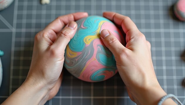 Hands shape colorful marbled polymer clay sphere on cutting mat. Person molds pastel material for creative hobby craft project. Gentle swirling colors form pattern.