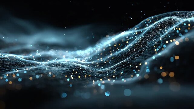 Ethereal digital network with flowing lines and glowing particles evokes innovation, connection, and future technology. Ideal for website backgrounds 