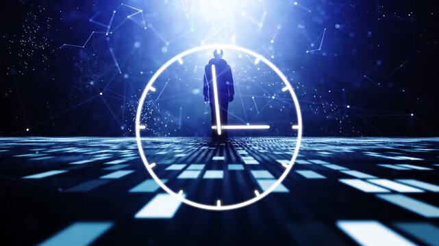 Digital future pathway with human silhouette and analog clock, time concept in technology and data world. Seamless looping animation.