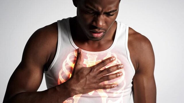 Man suffering from chest pain with glowing rib cage anatomy, heart attack and medical health problem concept