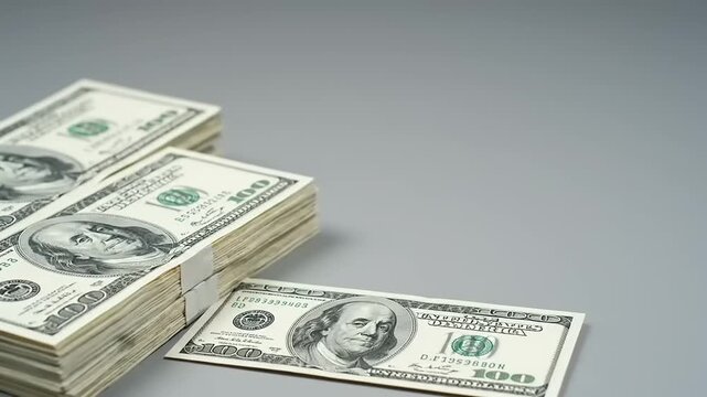 Stacks of US Dollar Bills on a Gray Surface.