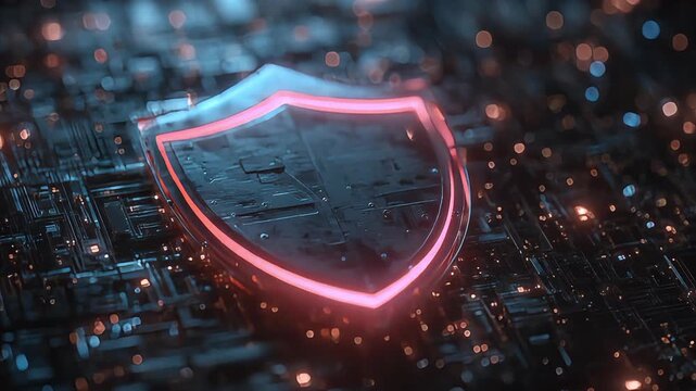 Glowing shield icon over circuit board background evokes a feeling of safety and cybersecurity, suitable for tech marketing and security awareness cam