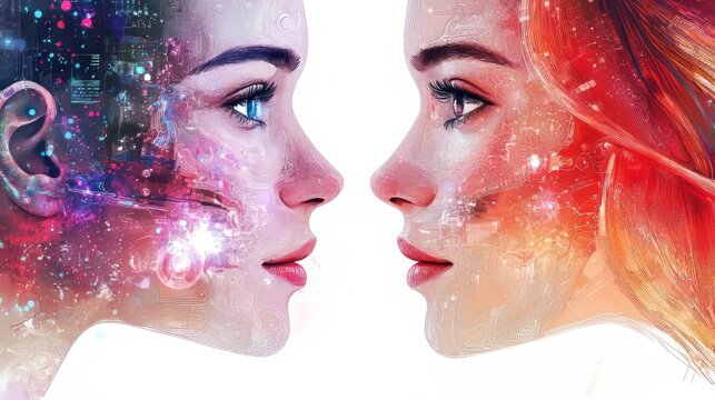 A captivating artistic rendering of two women facing each other, their faces embellished with abstract designs, illustrating the connection between different identities and the essence of human emoti