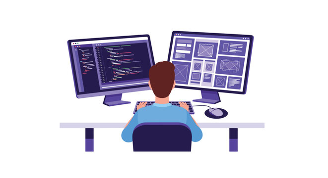 A person is seen from the back, intently working on two large computer monitors displaying coding and UI/UX designs at a white desk.