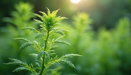 Green Artemisia annua plant with needle like leaves growing in a garden. Its soft green foliage captures morning sunlight creating a warm vibrant atmosphere. The plant is shown in close-up.