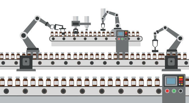 Two parallel conveyor belts transport numerous brown glass bottles through an automated factory setting, with robotic arms filling and capping them.