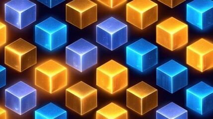 Obraz premium Glowing geometric blocks are arranged in a chain formation to show the concept of blockchain finance in a corporate style.