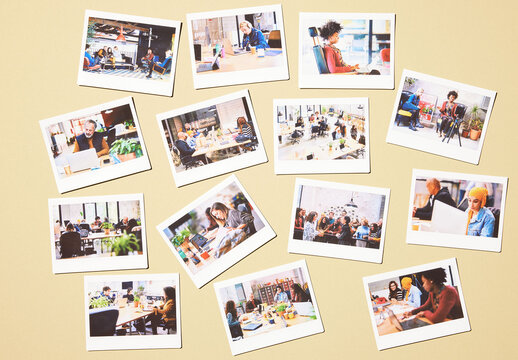 Real photo of Collection of Blank Instant Photo Prints. PSD template mockup.