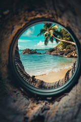 Fototapeta premium An enchanting beach view framed by a textured rock formation, effortlessly blending the elements of land and water, perfect for showcasing nature's artistry in a tranquil setting.