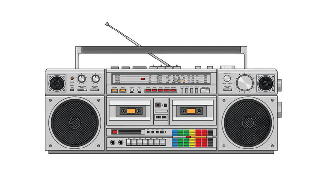 A detailed retro-style silver boombox with two cassette decks, large speakers, and an extended antenna is centered on a plain white background.