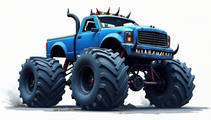 Obraz premium Blue monster truck with sharp teeth and horns on grille. Giant wheels on this vehicle are intimidating. This vehicle looks like a monster ready to roar. Awesome ride.
