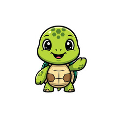 Obraz premium Adorable cartoon green turtle character with a friendly smile and waving hand.