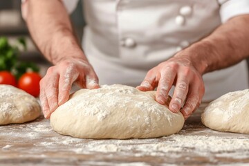 Fototapeta premium Baker's Hands Gently Shaping Dough on Floured Wooden Surface, Culinary Artistry