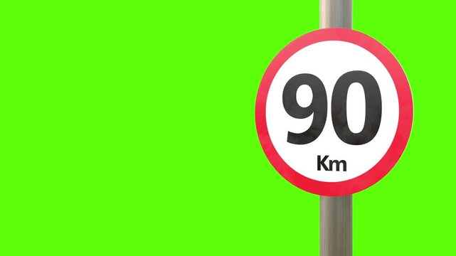 Speed Limit sign: A sign showing a speed limit of 90 Km on a green background. The red circle has the number 90 and the Km marking speed limits