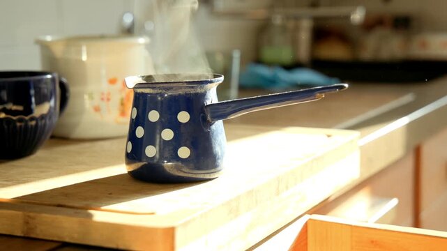Sunlit kitchen scene shows a small blue enamel coffee pot with white polka dots steaming on a wooden board. Ceramic mugs and a kettle sit nearby, capturing a warm, cozy morning coffee moment at home.