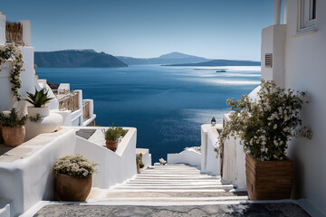 Fototapeta premium Santorini's iconic whitewashed stairs descend toward the brilliant azure caldera, framed by vibrant flowering plants.