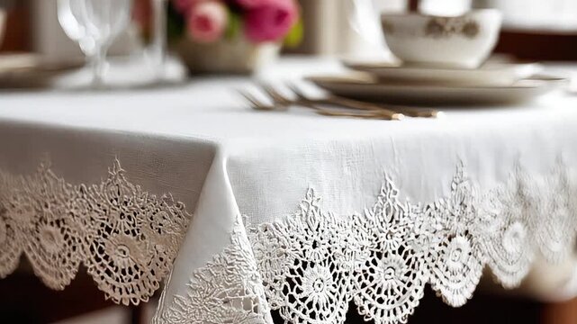 A close-up view of a delicate lace tablecloth creates a mood of refined hospitality, perfect for showcasing a luxurious dining experience or a special